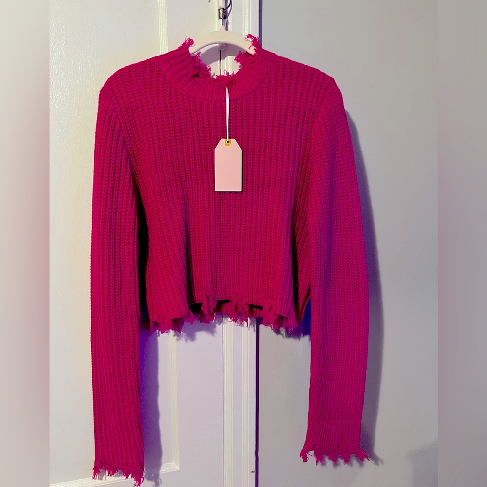 Hot Pink raw edge cropped sweater by Love Tree